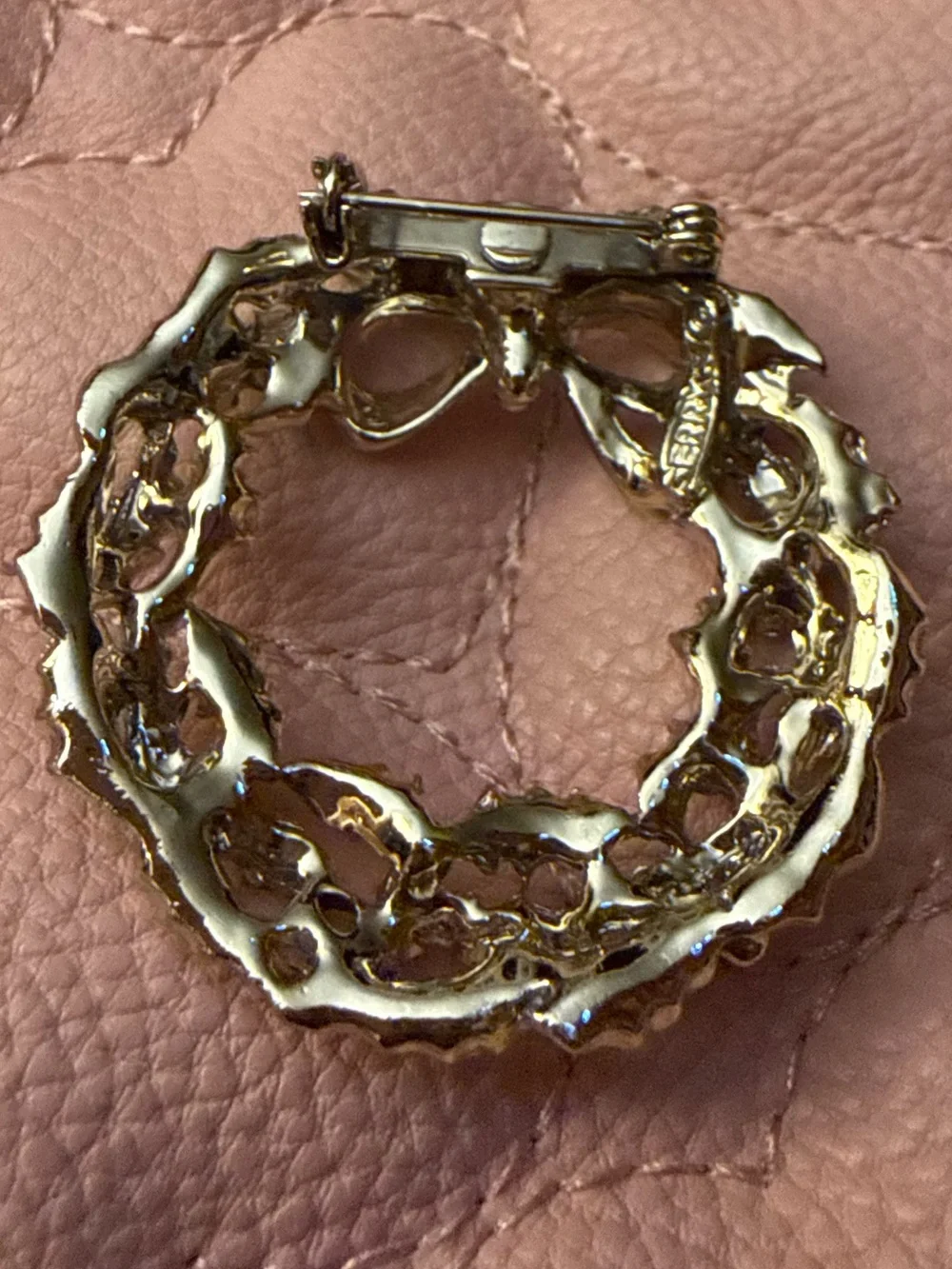 Gold-Tone Holiday Wreath Brooch with Red & Green Accents